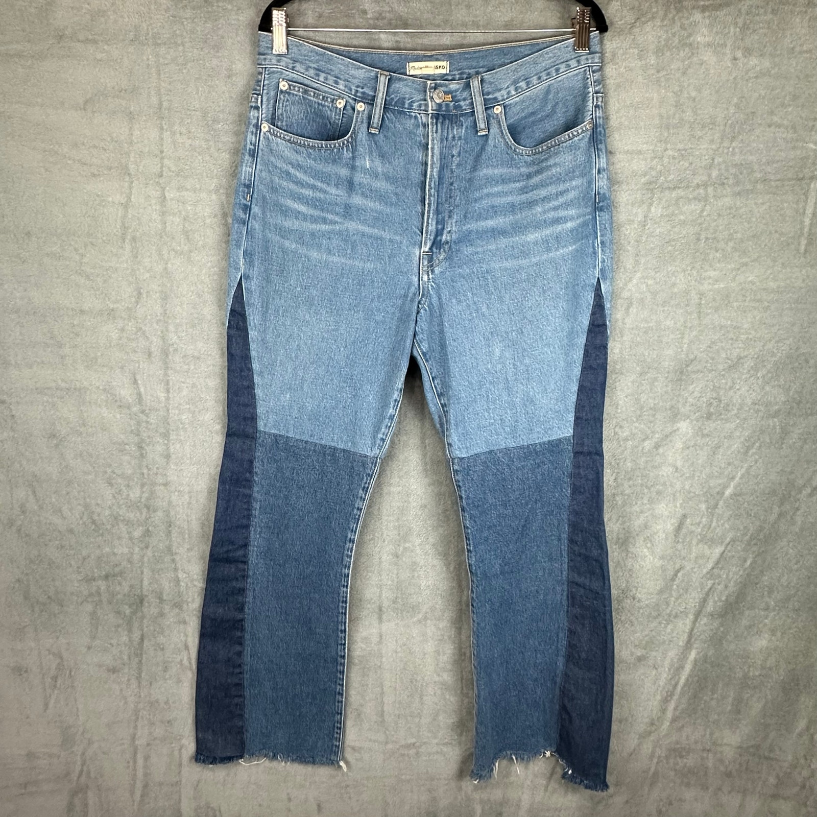 Madewell X ISKO Jeans Womens 30 Blue Patchwork Rigid Flare Raw Hem Pockets Boho