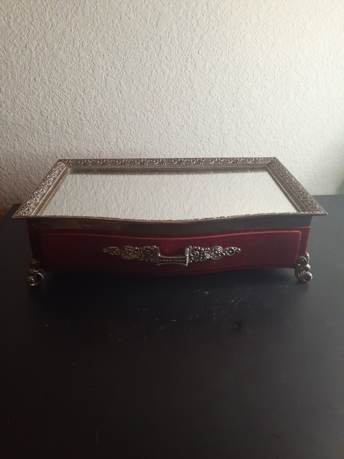 STUNNING VTG French Style 6 x10 Mirrored Vanity Velvet Jewelry Box