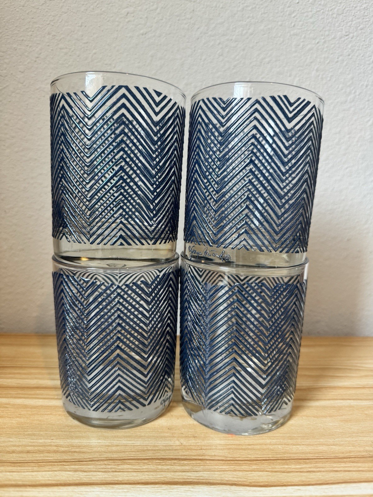 (4) VTG GEORGES BRIARD RARE Navy Chevron Herringbone ICICLE Lowball Glasses MCM