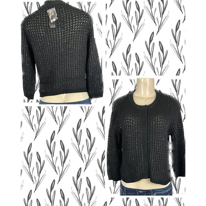 Gynn M Black Open Weave Sequin Snap Front 3/4 Sleeve Crop Cardigan Sweater