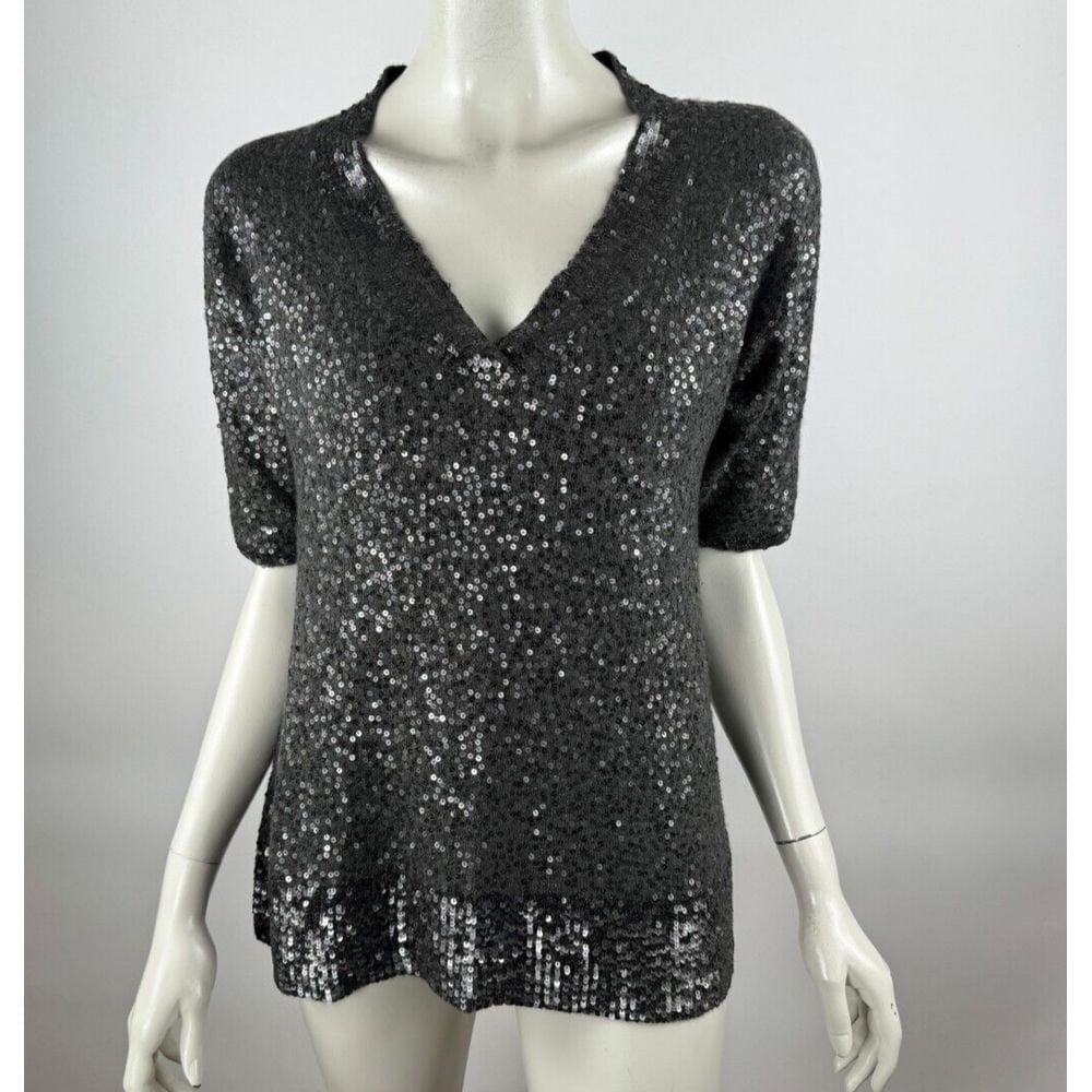 Donna Karan Collection Sequin V-Neck Short Sleeve Knit Top Women M? EUC Stretch