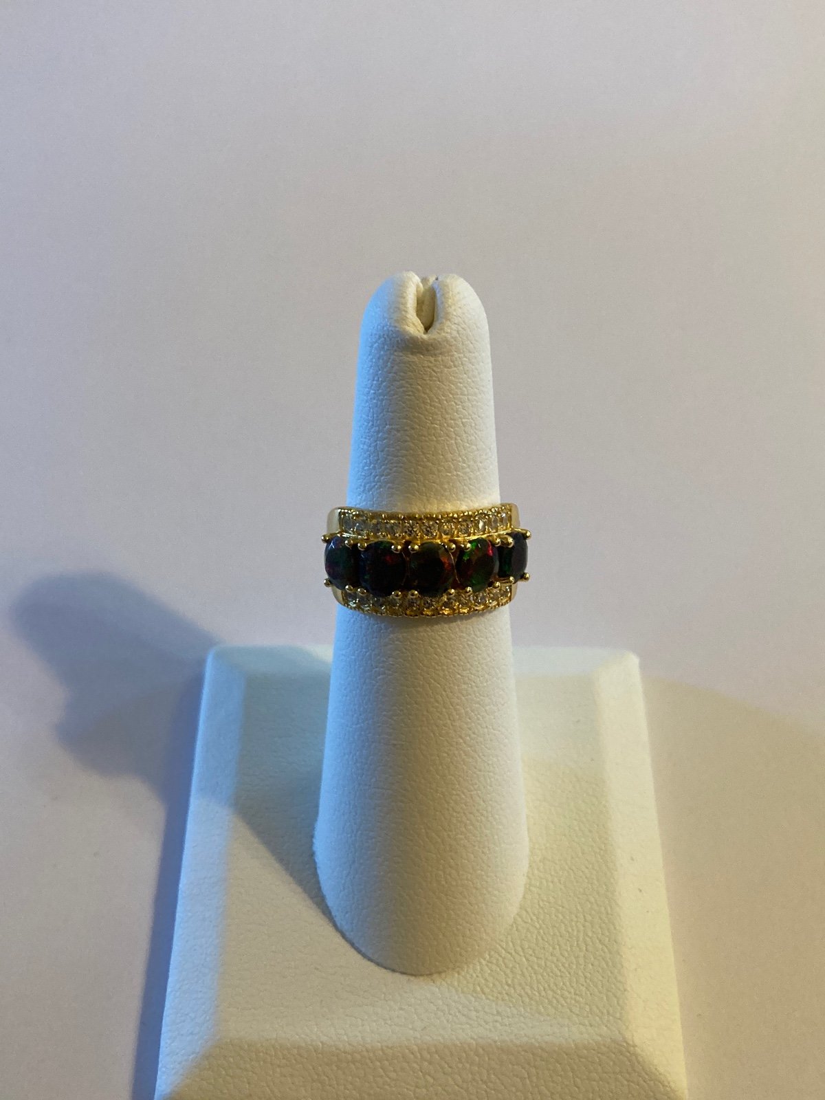 Natural Black Fire Opal 5-Stone Cluster White CZ 14k GP Ring (size 5.5)