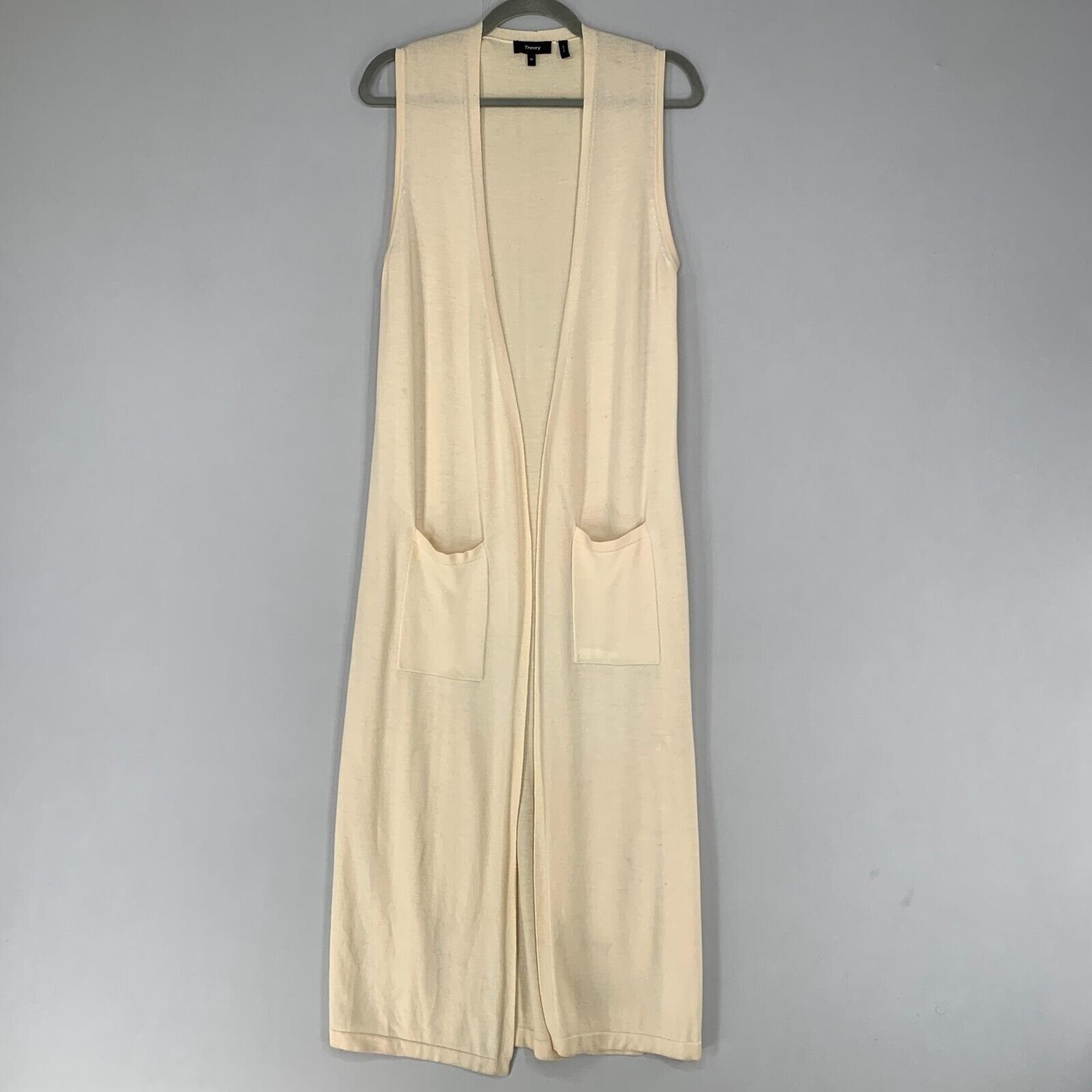 Theory Women Long Cardigan M Ivory Merino Wool Open Front Pockets Vest Sweater