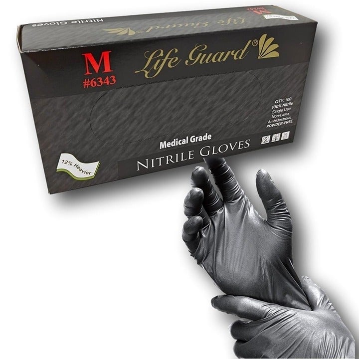 Life Guard® 5-6 mil Thick Black Nitrile Exam Gloves, Size Medium. Case of 1,000