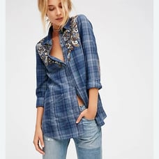 Free People Stevie's Embellished Blue Gray S Plaid Button Down Flannel Pockets