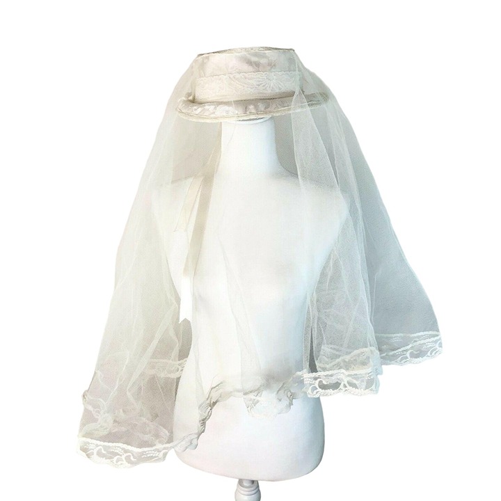 Lacy White Skimmer Style Wedding Hat with Full Veil Bridal Event Worthy #1969-68
