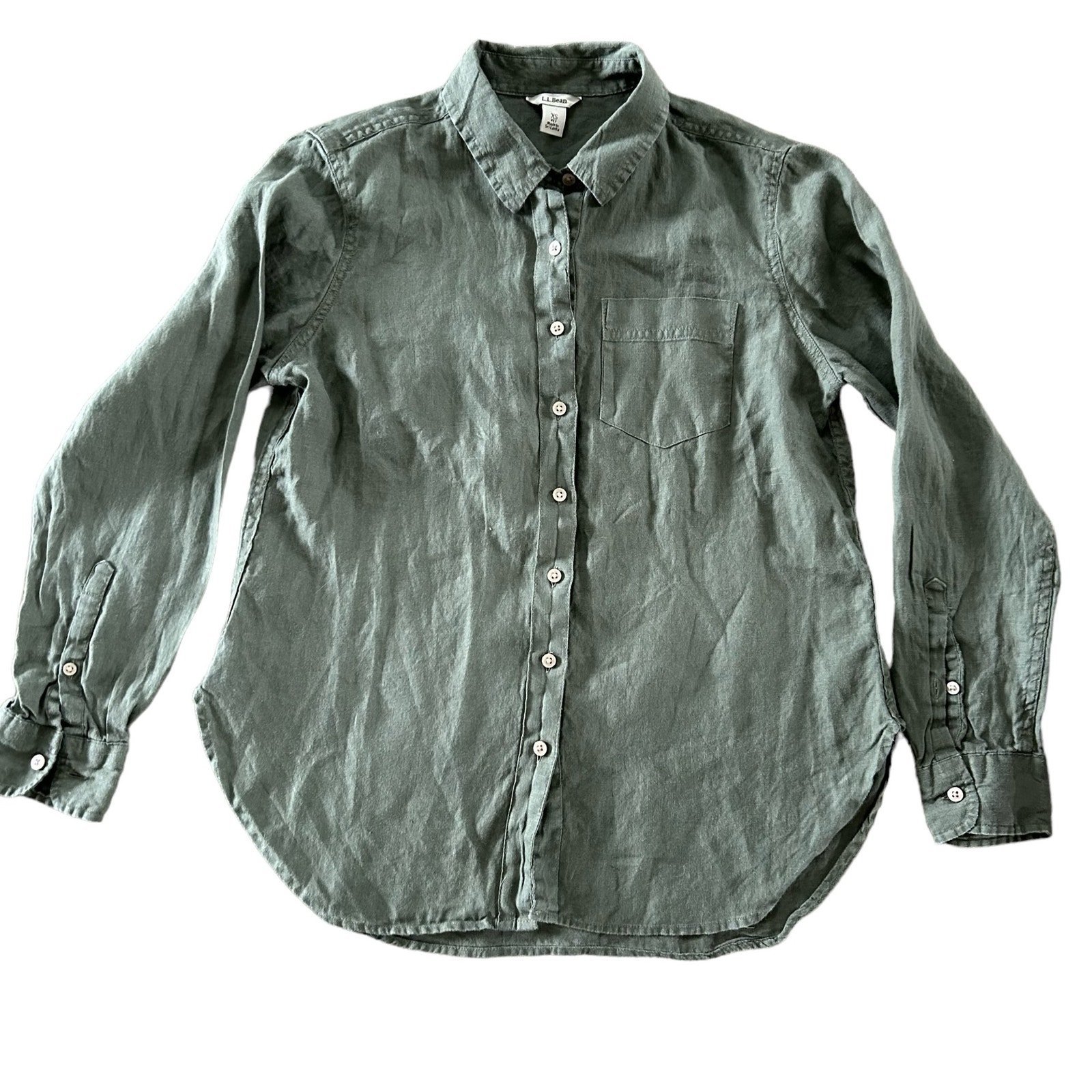 L.L. Bean Women's Premium Washable Linen Shirt Long Sleeve Olive Green - XS P