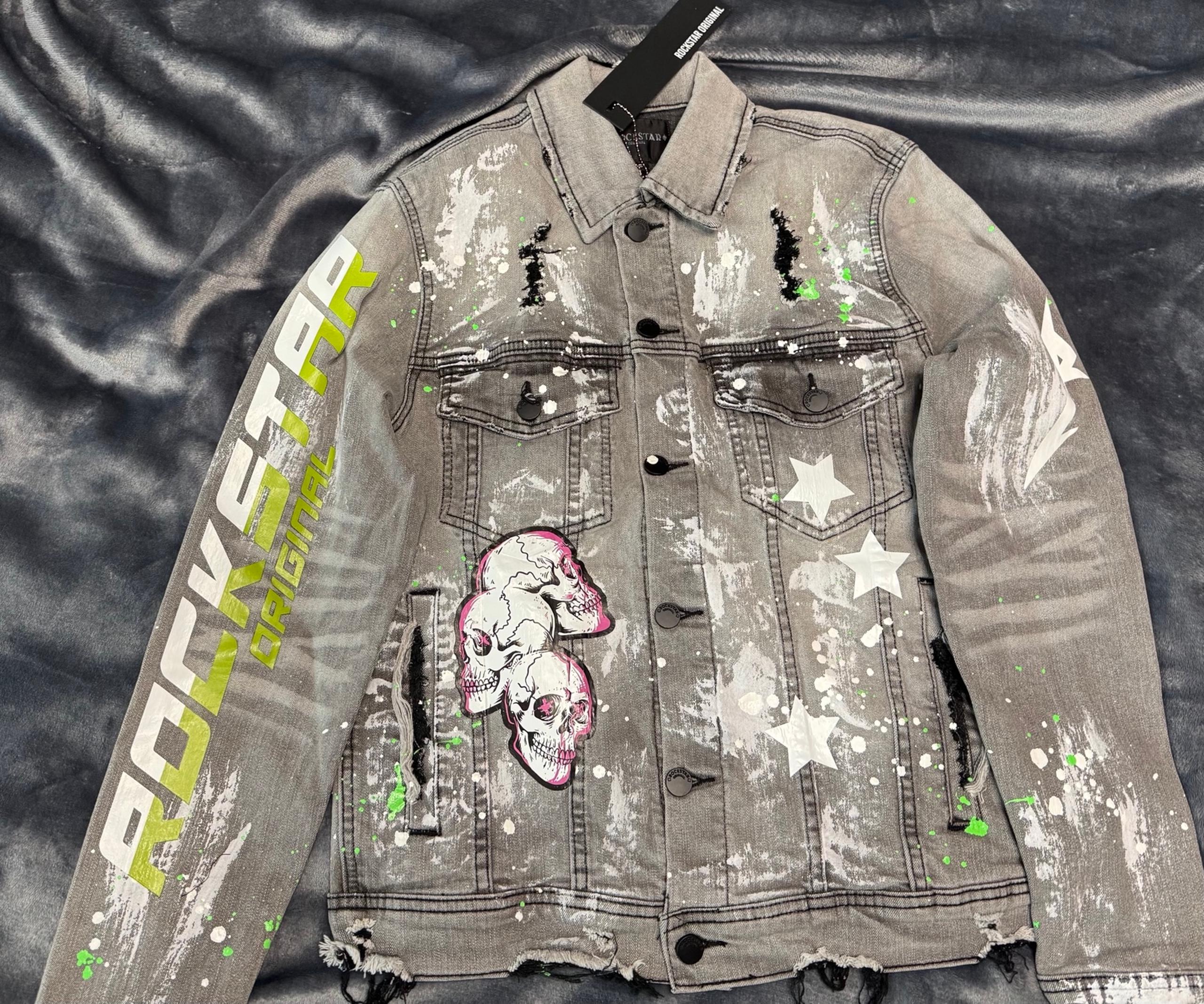 ROCKSTAR DISTRESSED DENIM JACKET w PINK SKULLS and PAINT SPLATTER. Size Small.