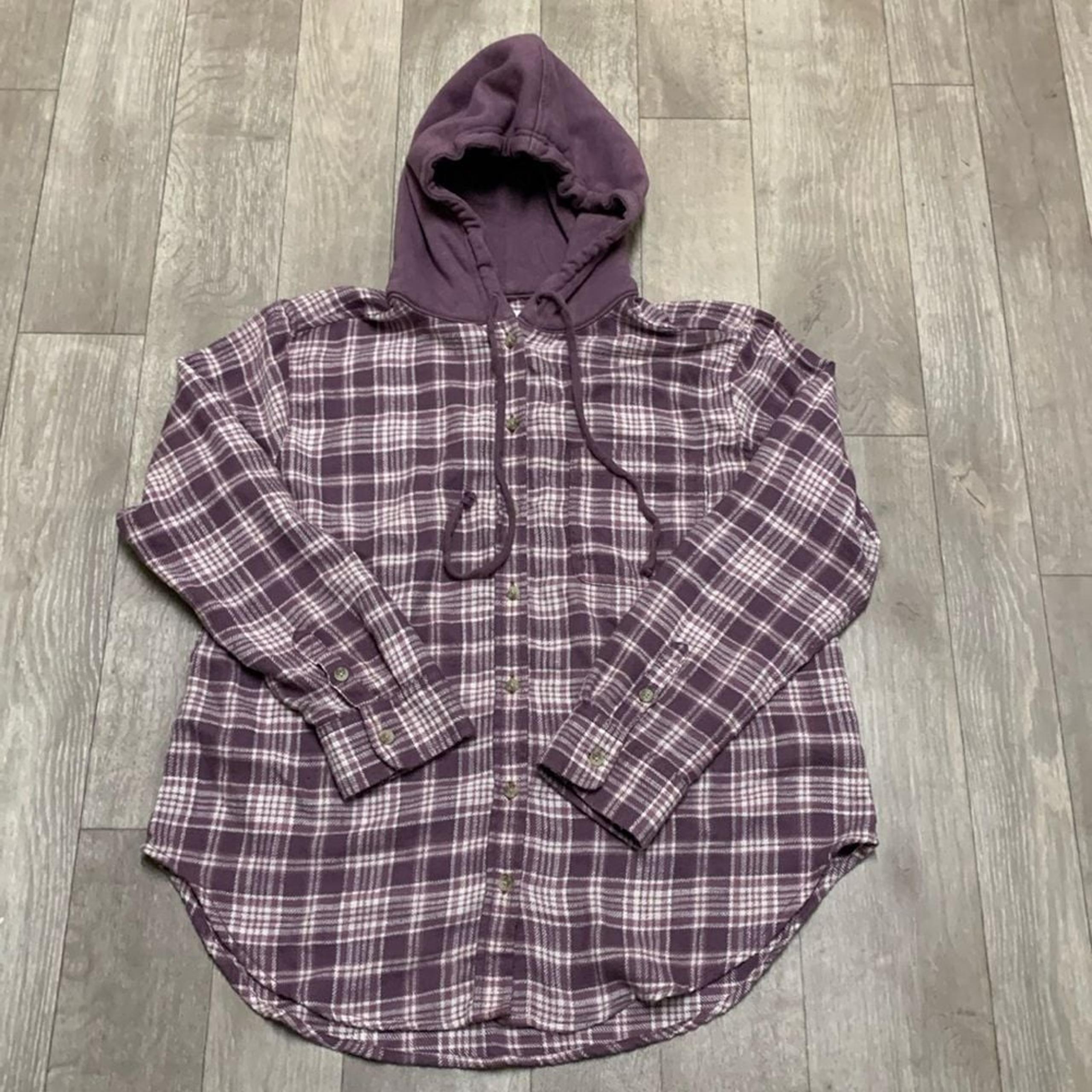 Womens American Eagle Plaid Button Down Hooded Flannel Shacket Top