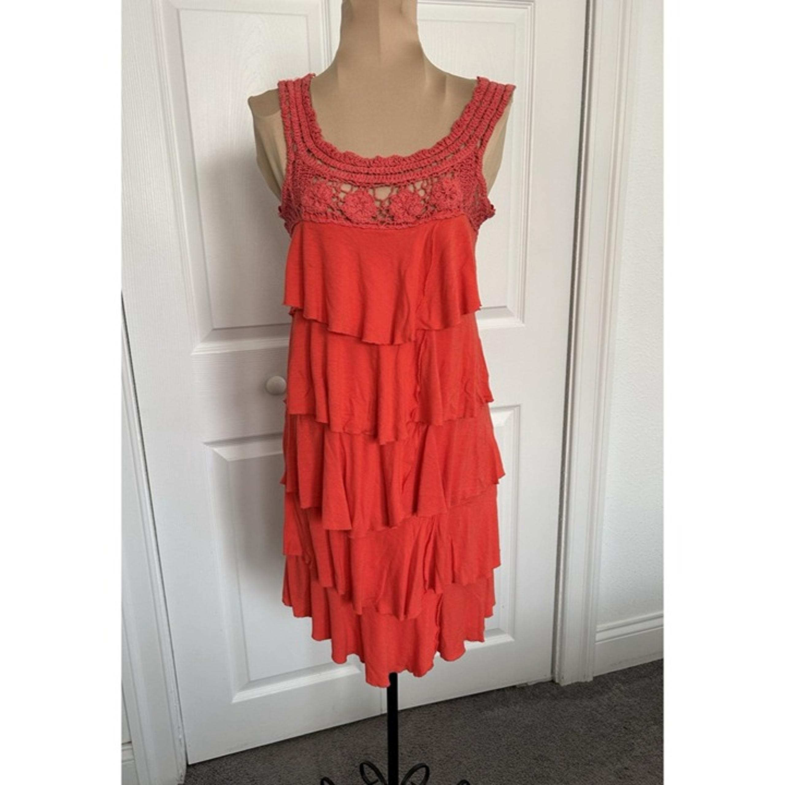 Ya Los Angeles Tiered Cotton Knit Tank Mini Dress w/Crochet Accent Tomato Size M