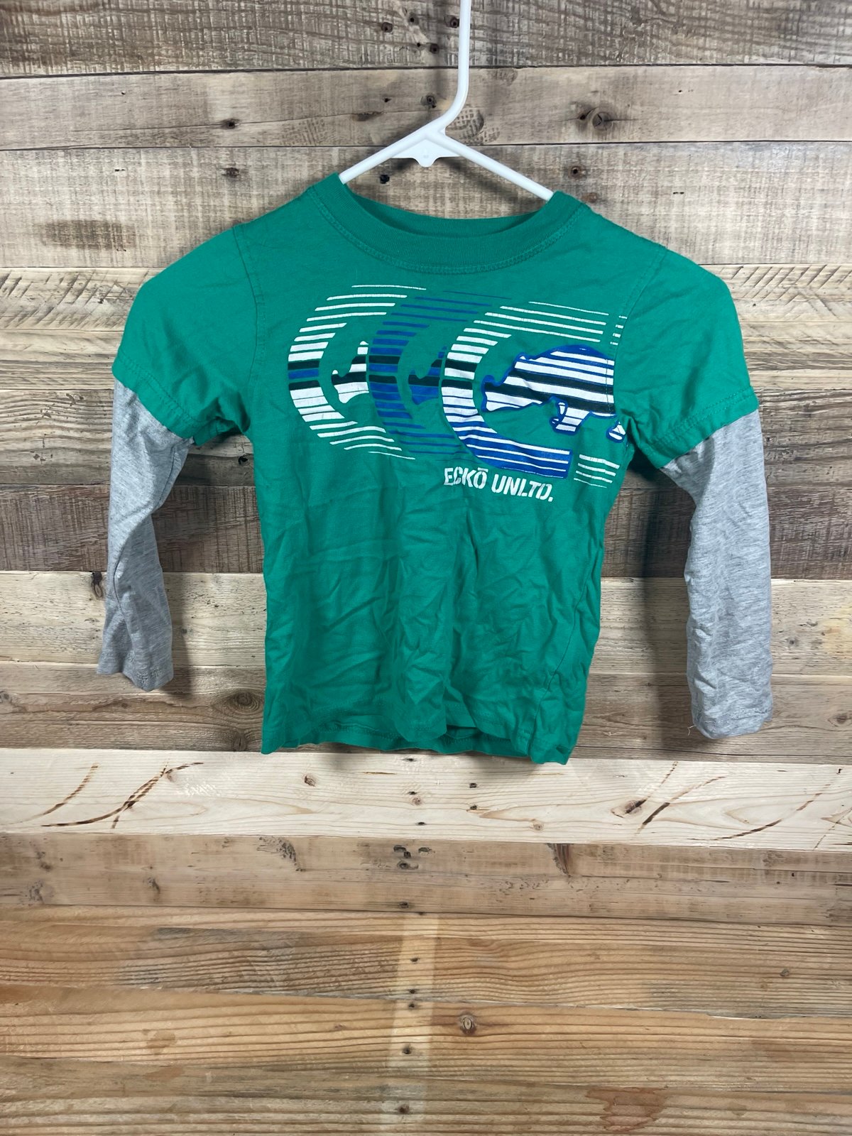 Ecko Unltd. Boys (5) Green Gray Logo T Shirt Long Sleeve Classic Tee Cotton Top