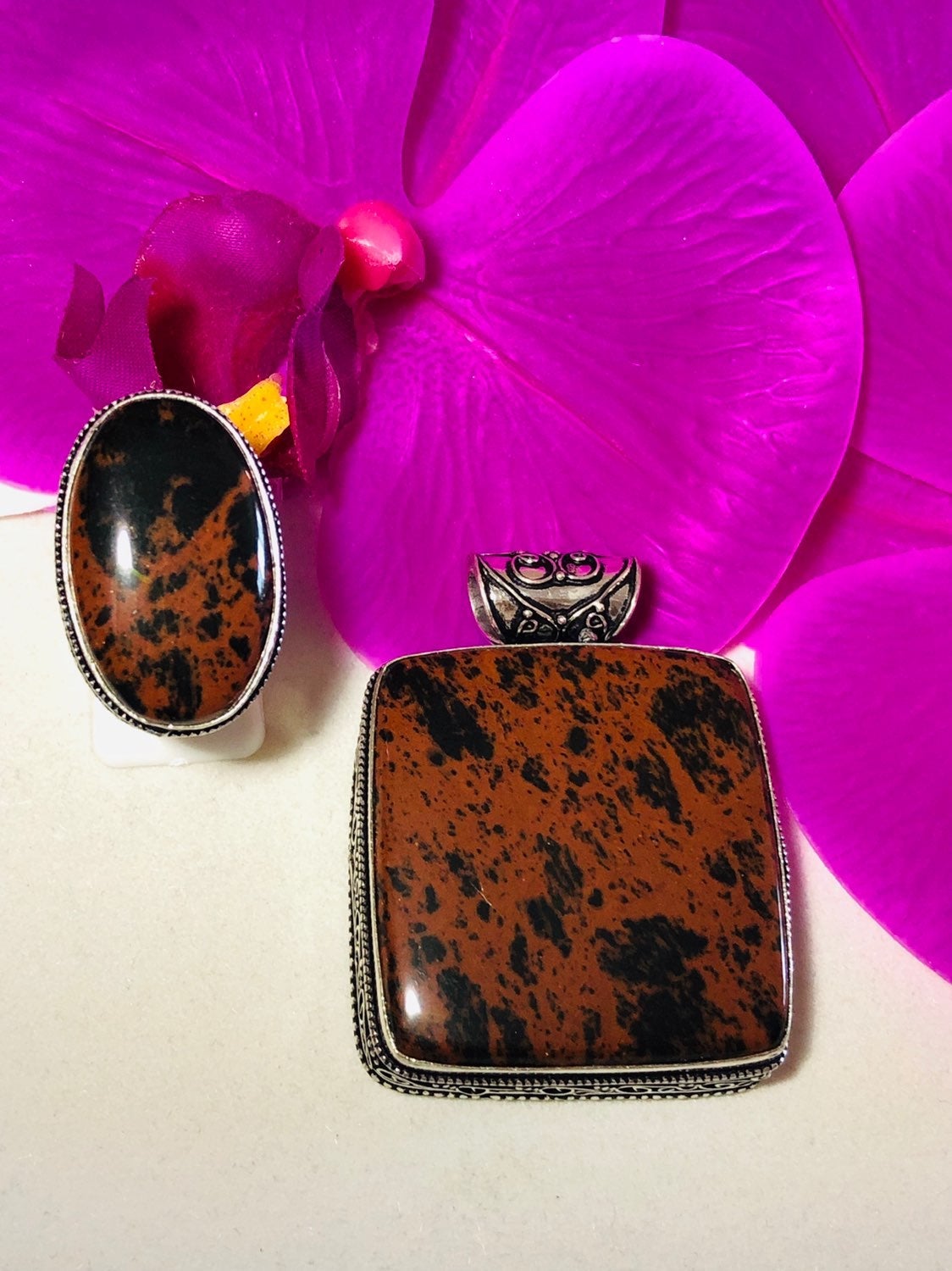Silv925 Mahogany Obsidian Pendant & Ring
