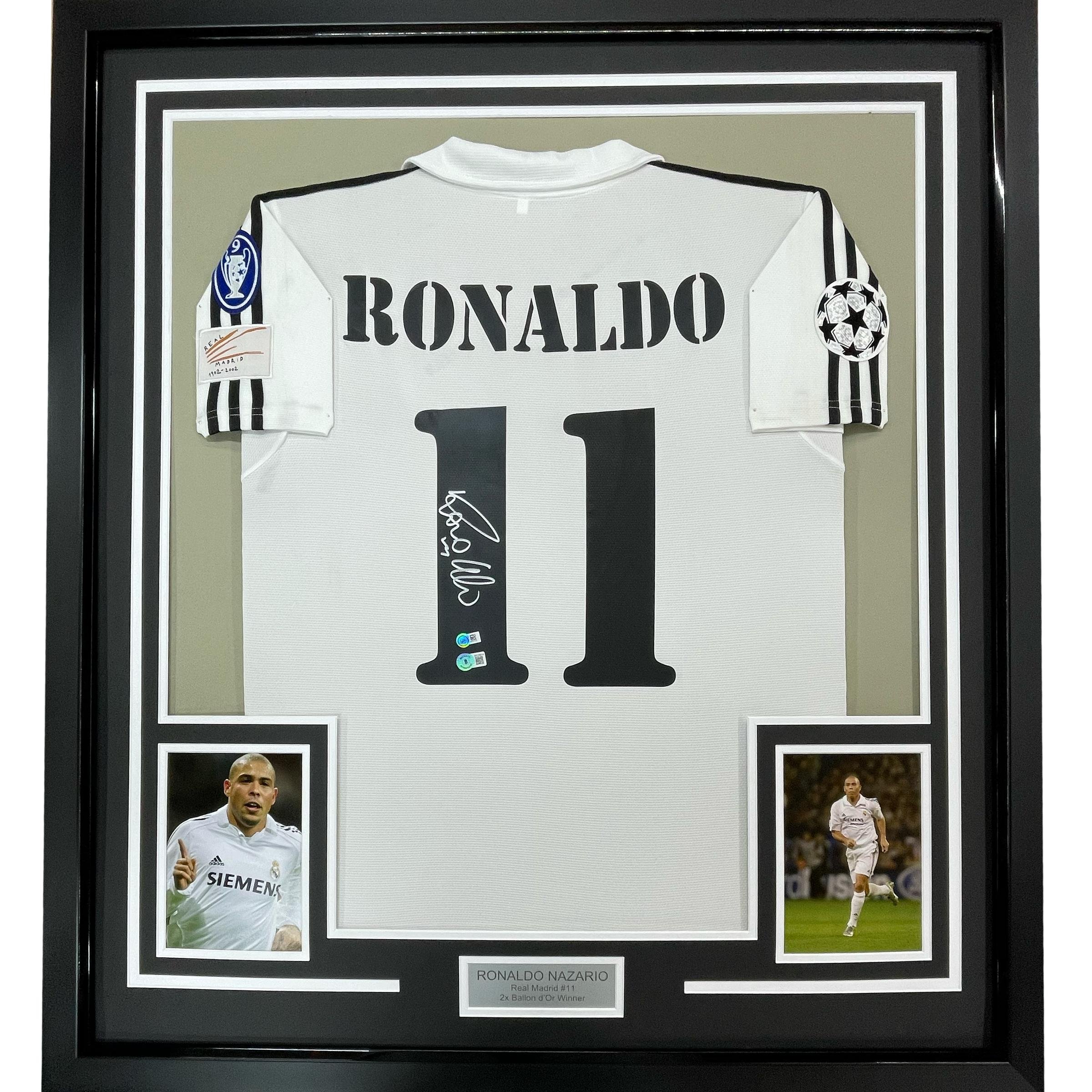 Framed Autographed/Signed Ronaldo Nazario 35x39 Real Madrid White Soccer Jersey