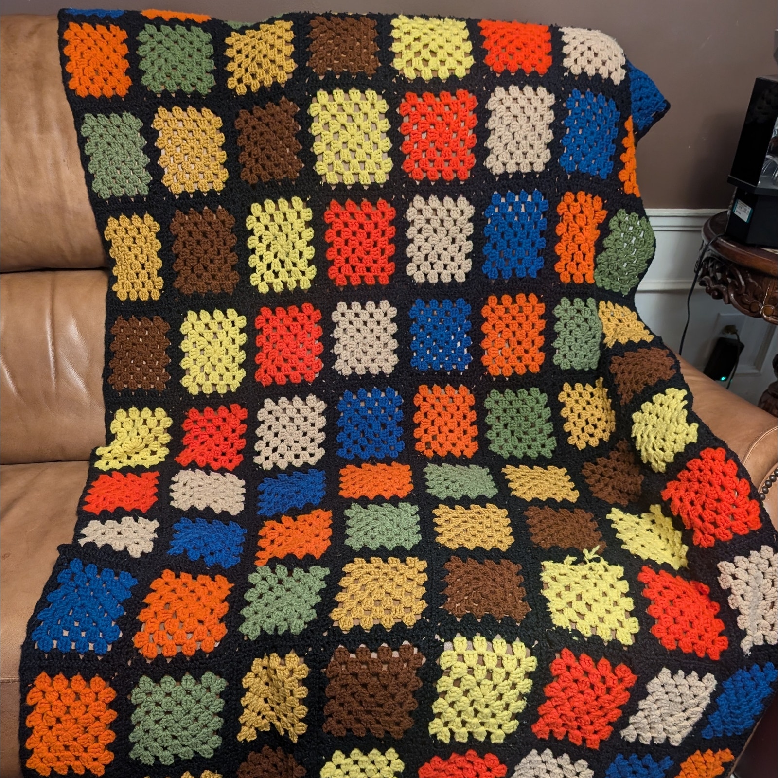Bright Granny Square Vintage Handmade Knit Blanket with Black Edging and Fringe