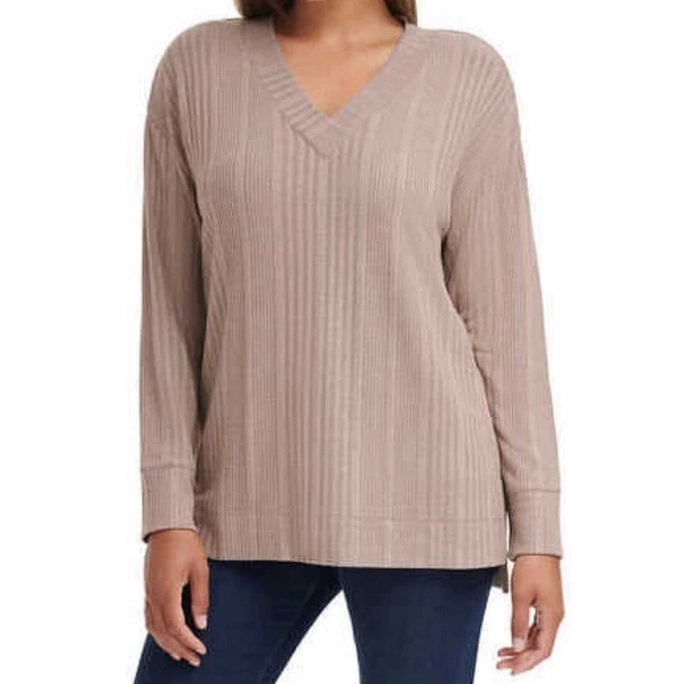 Andrew Marc Womens 2X Brown Ribbed Knit Shirt Long Sleeve V-Neck Stretch Preppy