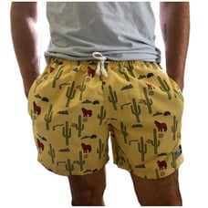 Mens Yellow Cactus Coyote Print Drawstring Swim Trunks Size Large
