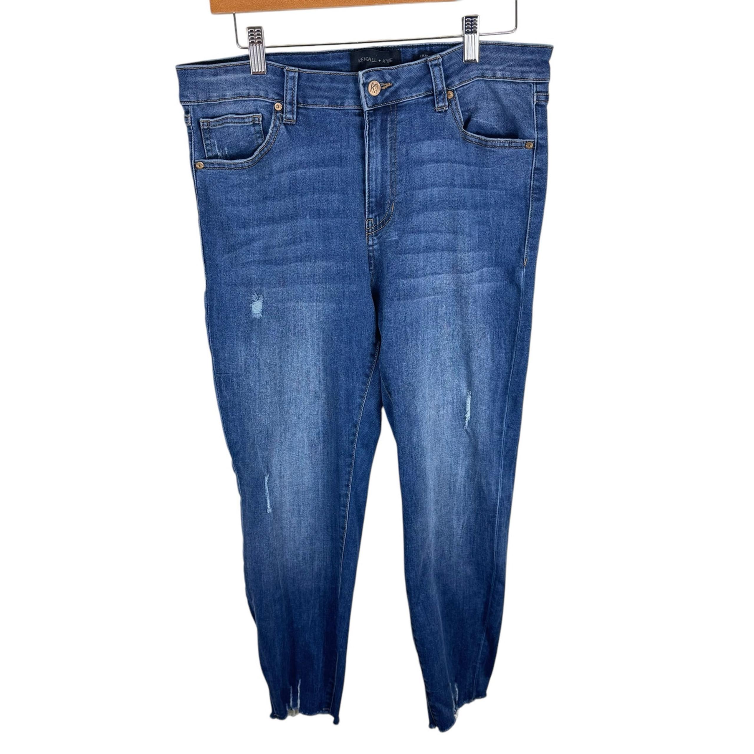 Kendall & Kylie Medium Wash Mid Rise Raw Hem Distressed Cropped Skinny Jeans 13