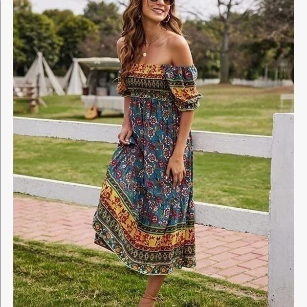 NEW Bohemian Square Neck Floral Print Summer Dress