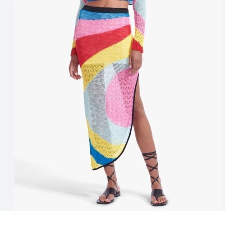 Staud Centre Rainbow Crochet Knit Asymmetric Linen Blend Midi Skirt