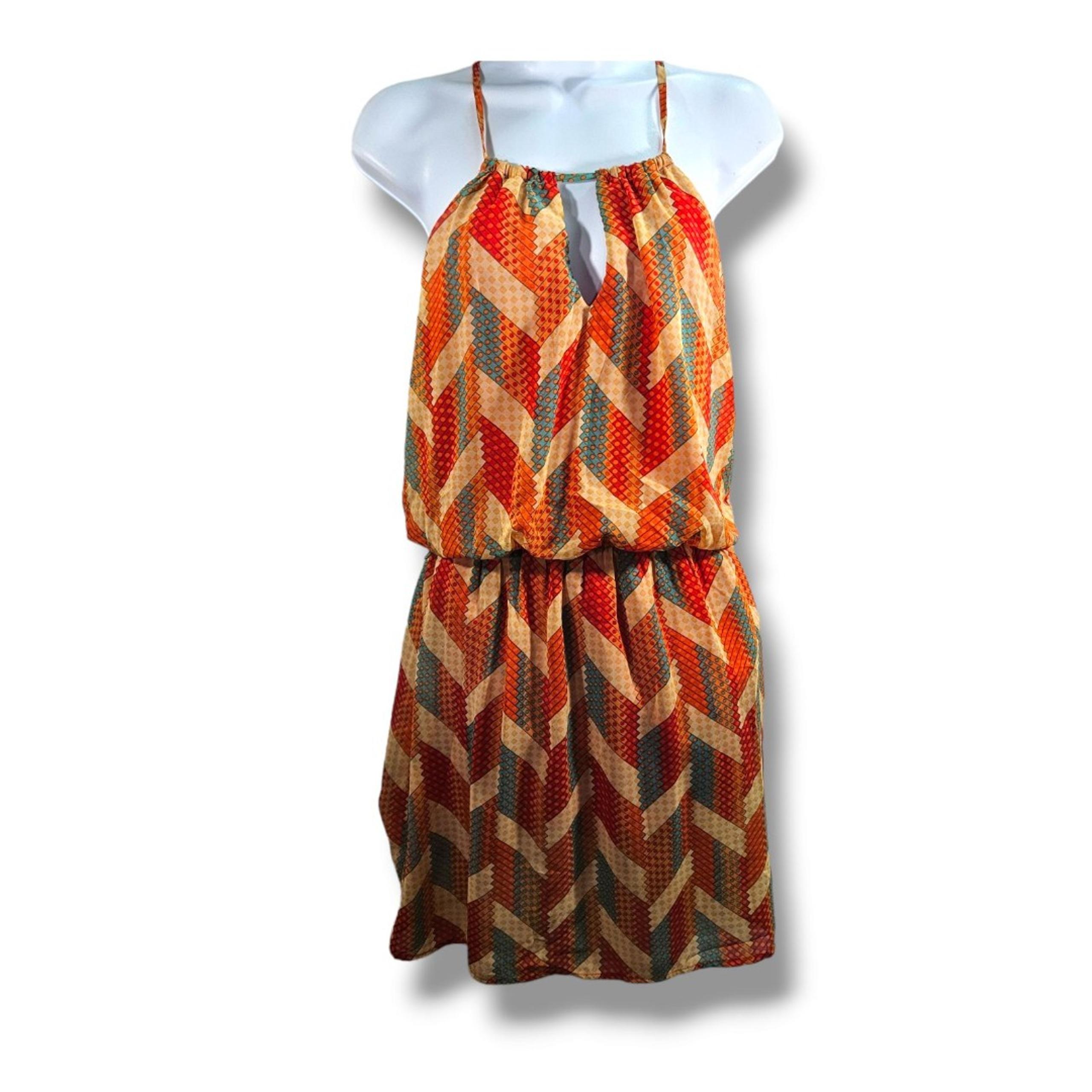 City Triangles Dress M Orange Abstract Tribal Halter Sundress Spaghetti Straps