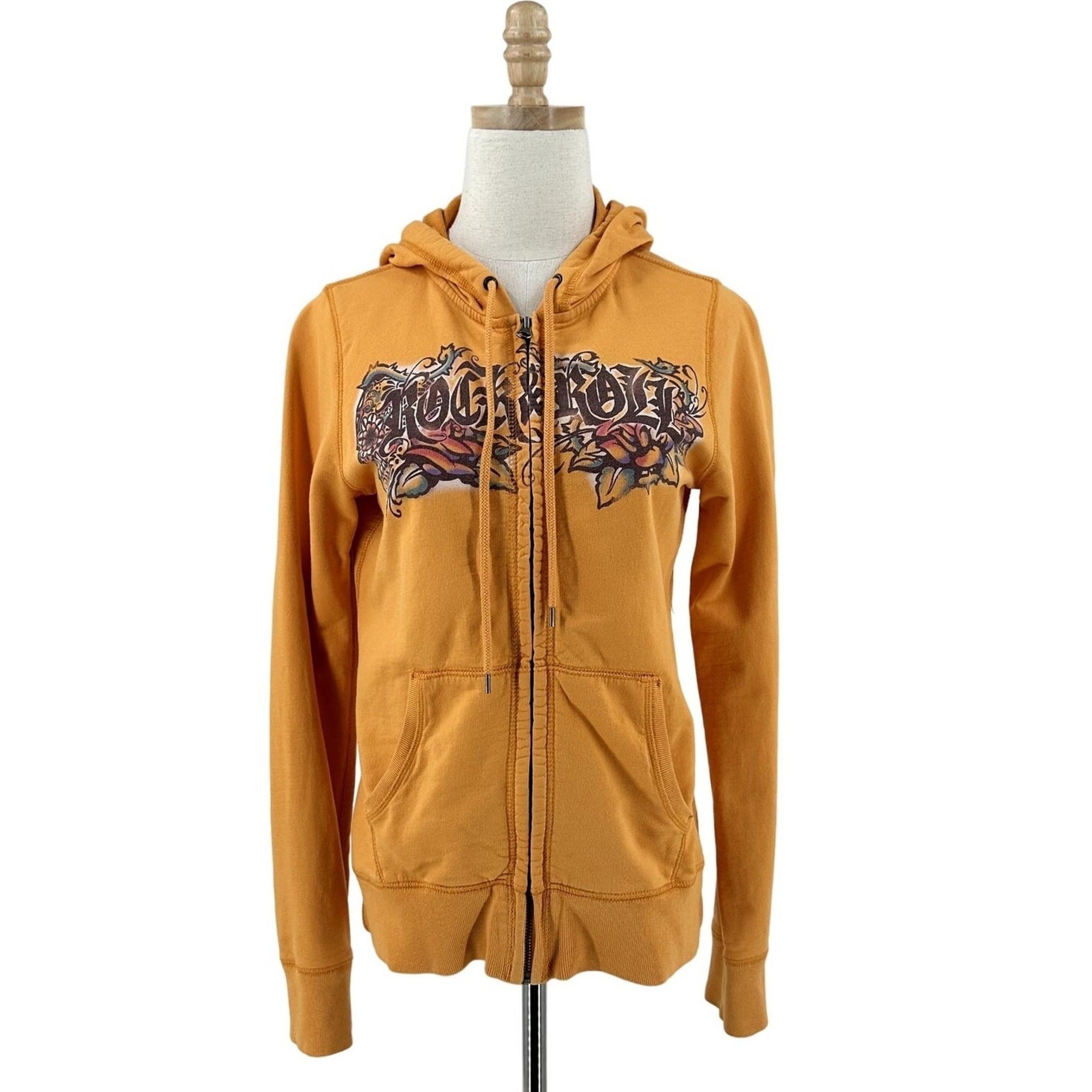 Vintage Lucky Brand Womens Zip Hoodie Medium Y2K Rock & Roll Tattoo Floral Skull