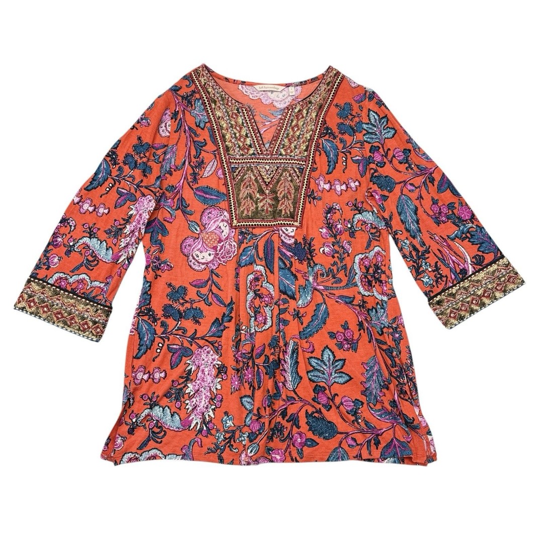 Soft Surroundings Top Size Large Samara Sequin Embroidered Floral Tunic Boho