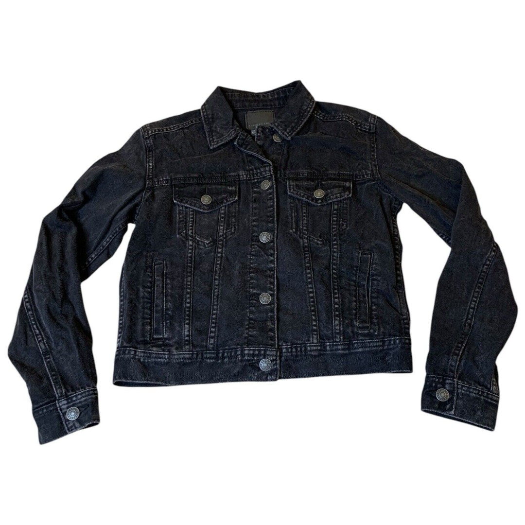 American Eagle Black Cropped Denim Jean Jacket Slightly Distressed Size XS EUC