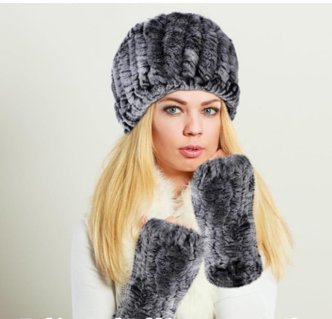 NWT 2 PC SET Real Rabbit Fur Gloves/Mittens AND Headband/ Scarf