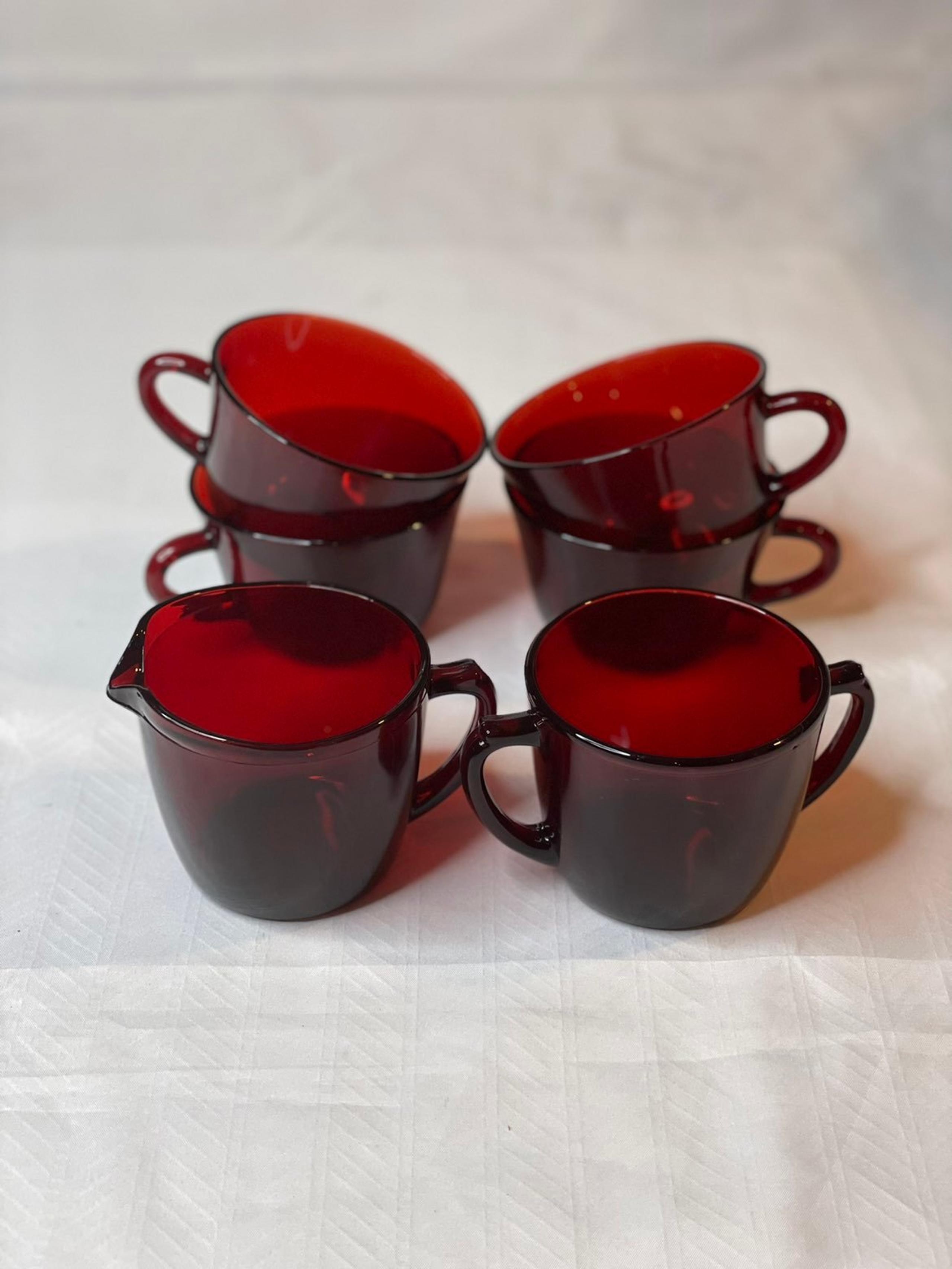 Vintage Ruby Red Creamer Sugar Tea Cups