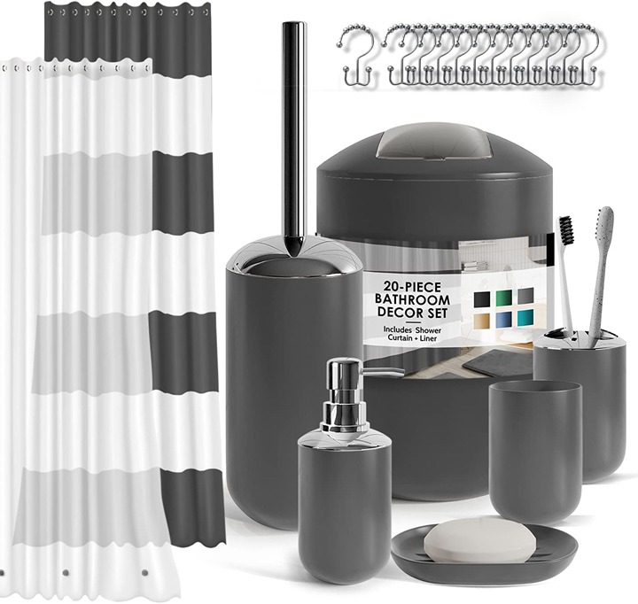 Bathroom Set - Gray Bathroom Accessories Set, 20PC Bathroom Accessory Set, Showe