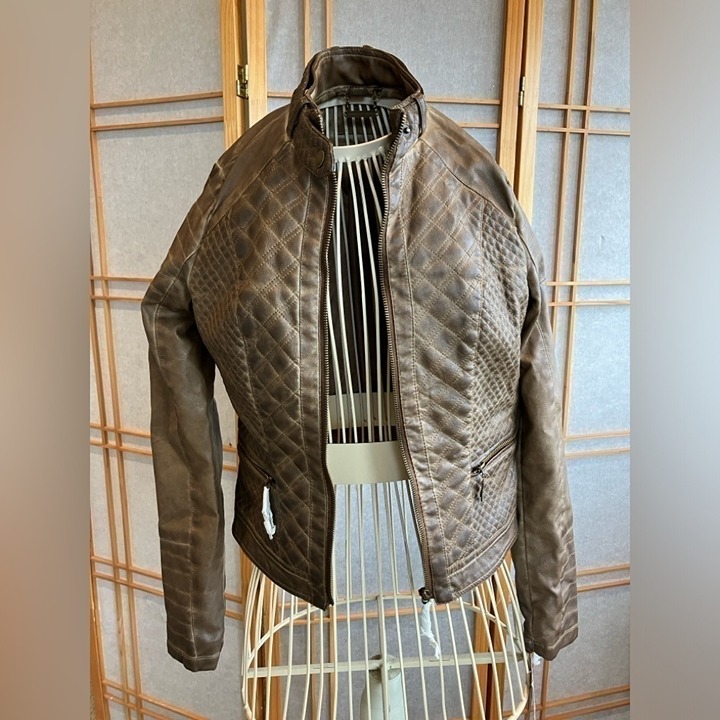 Women's J2Vegan Leather Tobacco distressed Moto Jacket, XSmall Quilted