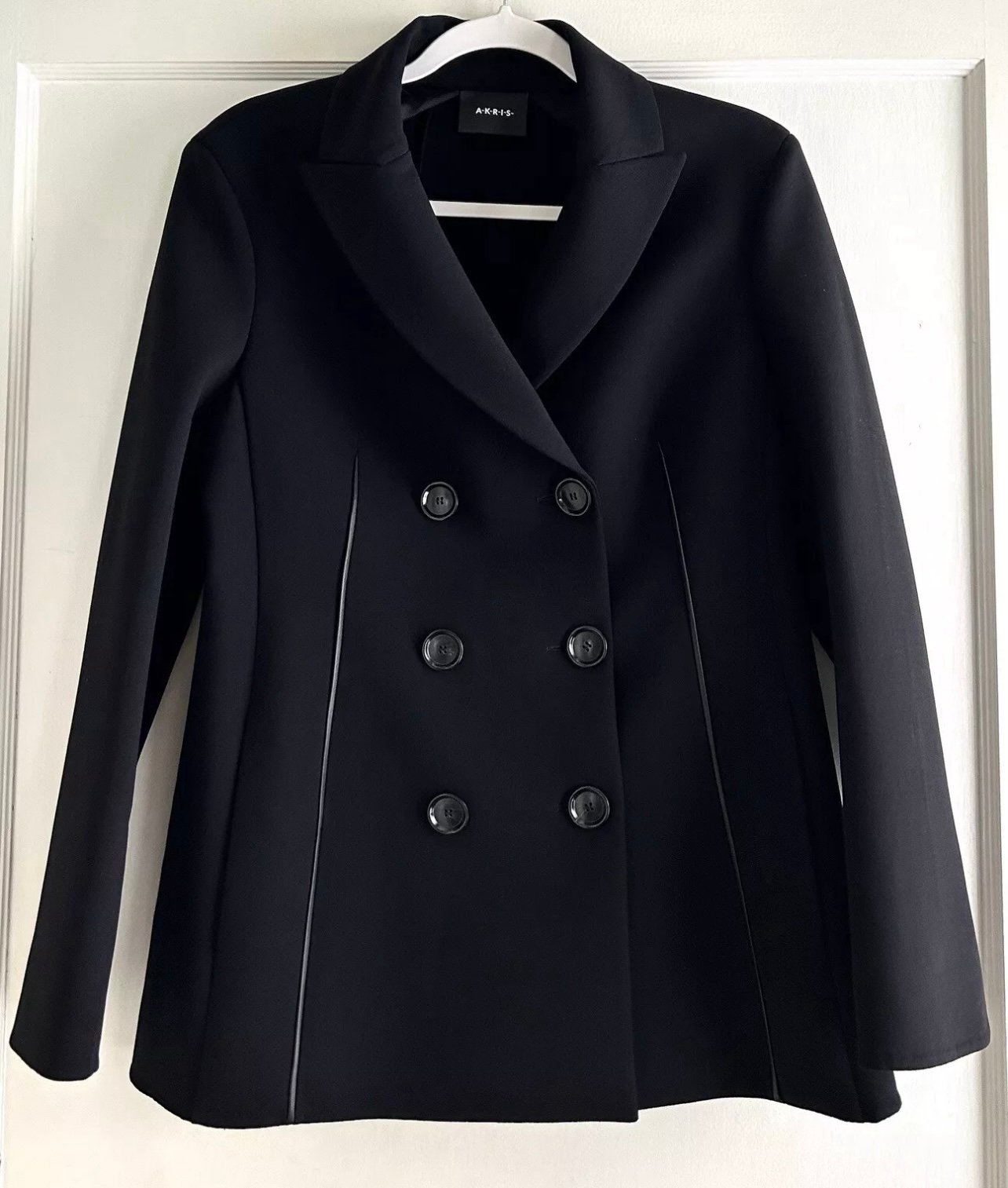 NEW 3.9K Akris Scott Black Wool Leather Double Breasted Jacket Coat Size 8 44