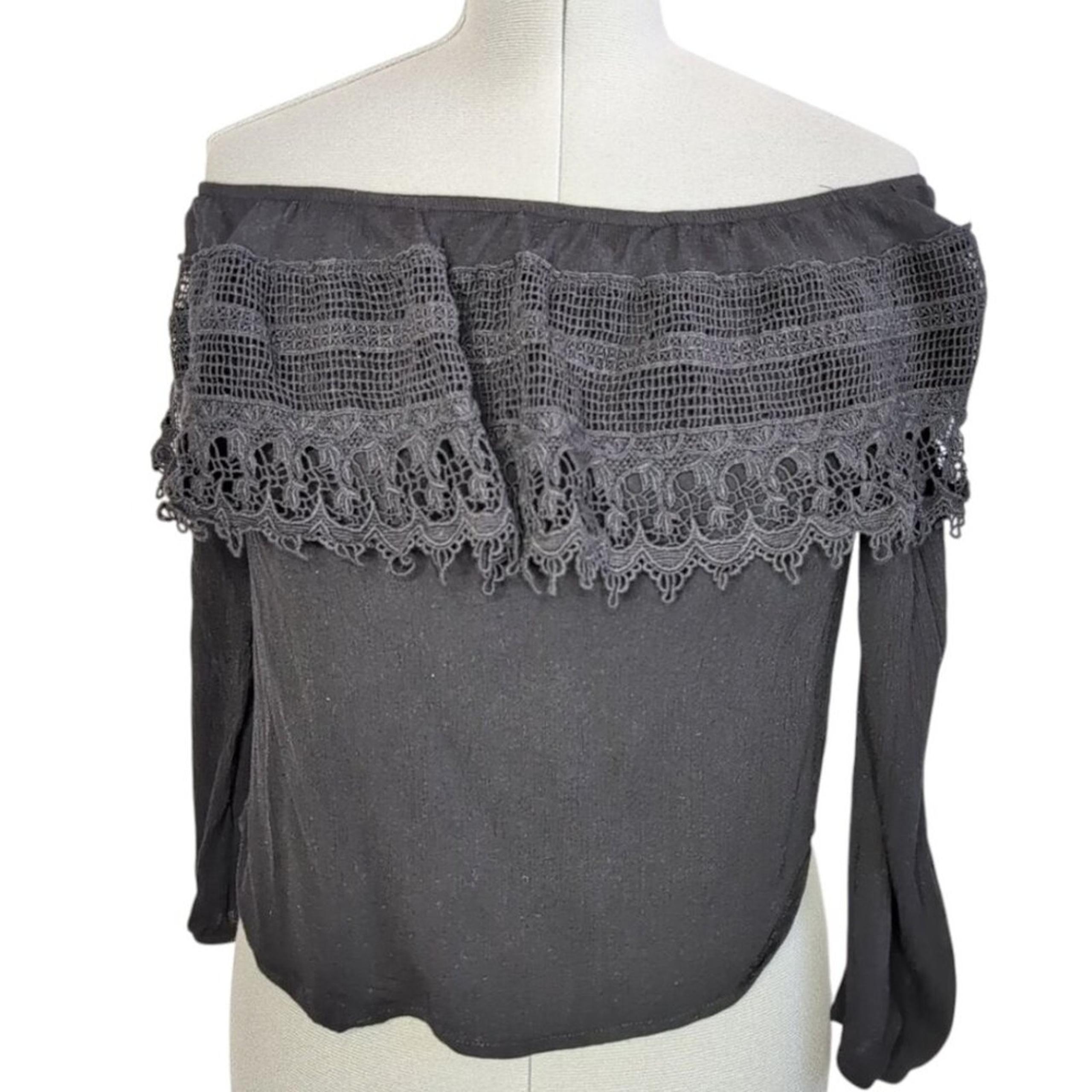 Socialite black rayon off-the-shoulder top with lace detailing, size medium
