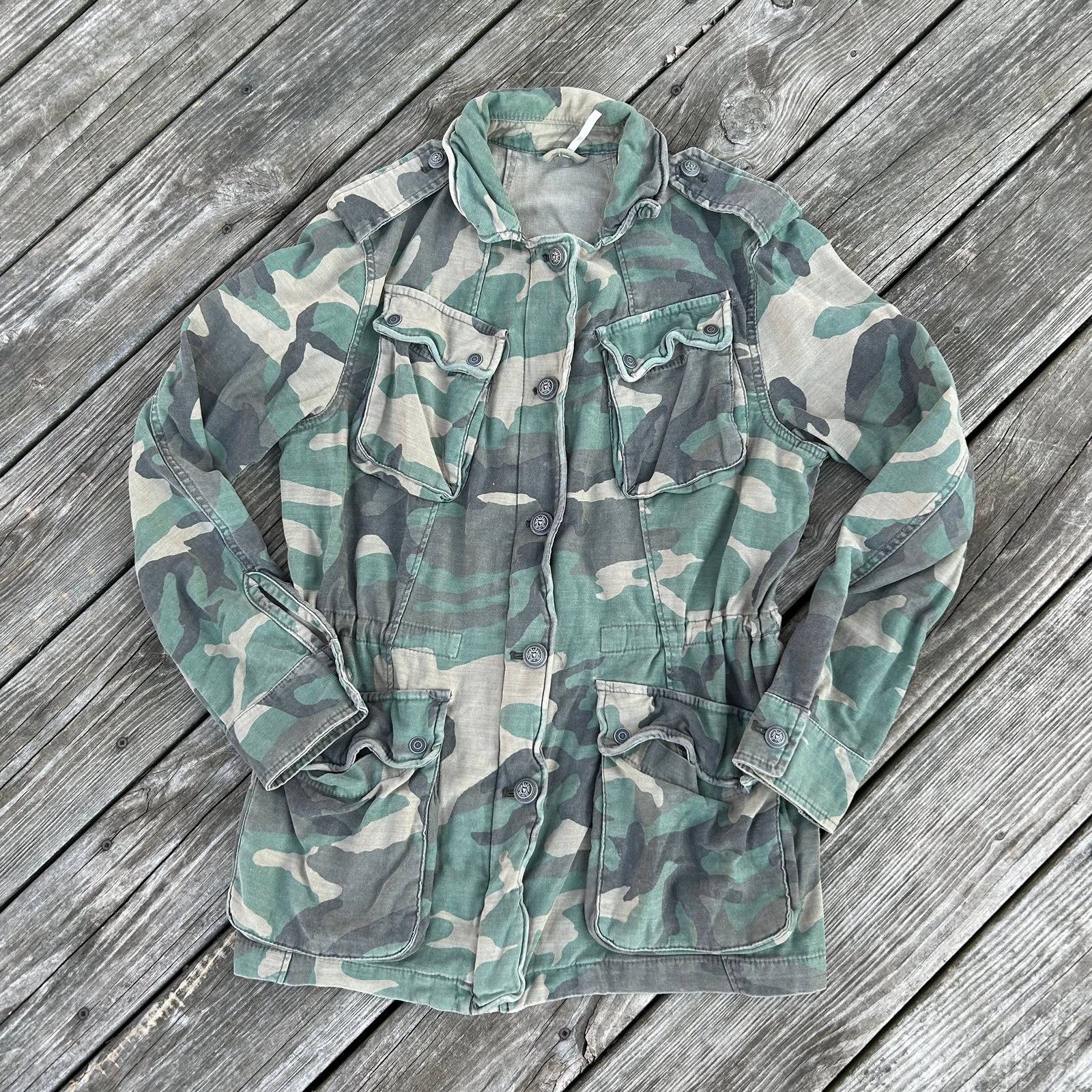 Free People Not Your Brothers Green Camo Utility Jacket Drawstring Military Army
