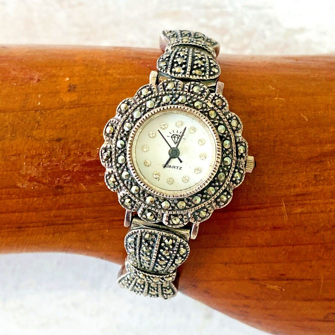 Vintage Sterling Silver Marcasite Bracelet Watch Thailand Made 6.5 in Gorgeous