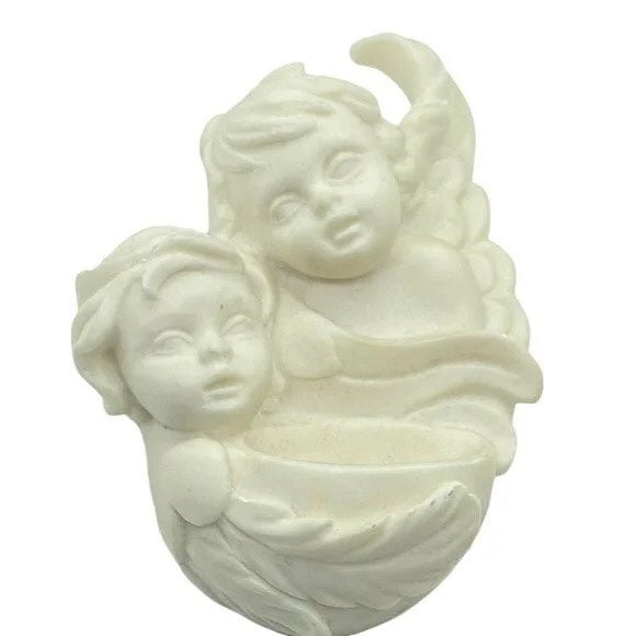 White Holy Water Font Ceramic Two Sweet Angel Cherubs Wall Hanging Figures