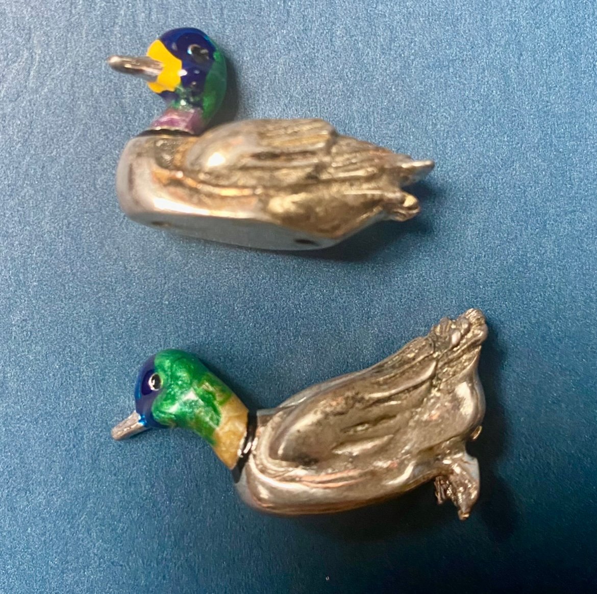 SATURNO 925 STERLING SILVER ENAMEL DUCK FIGURINES Family Duo Mother & Father