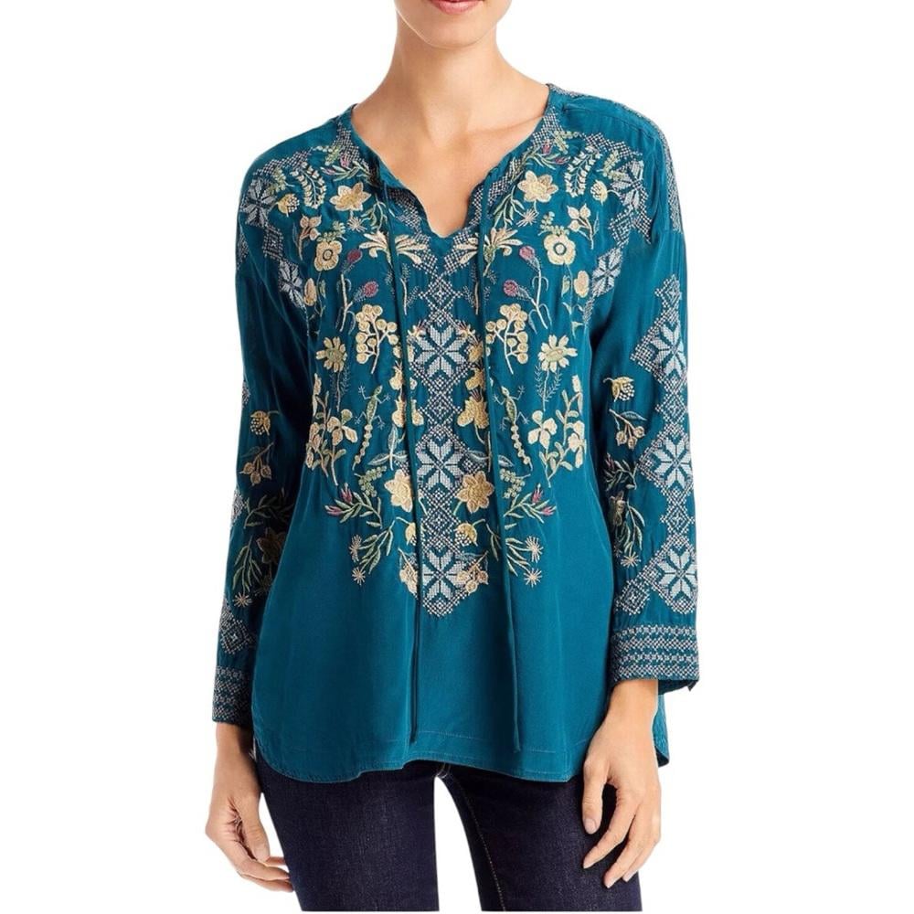 Johnny Was Biya 100% Silk Embroidered Floral Blouse Top Size Small