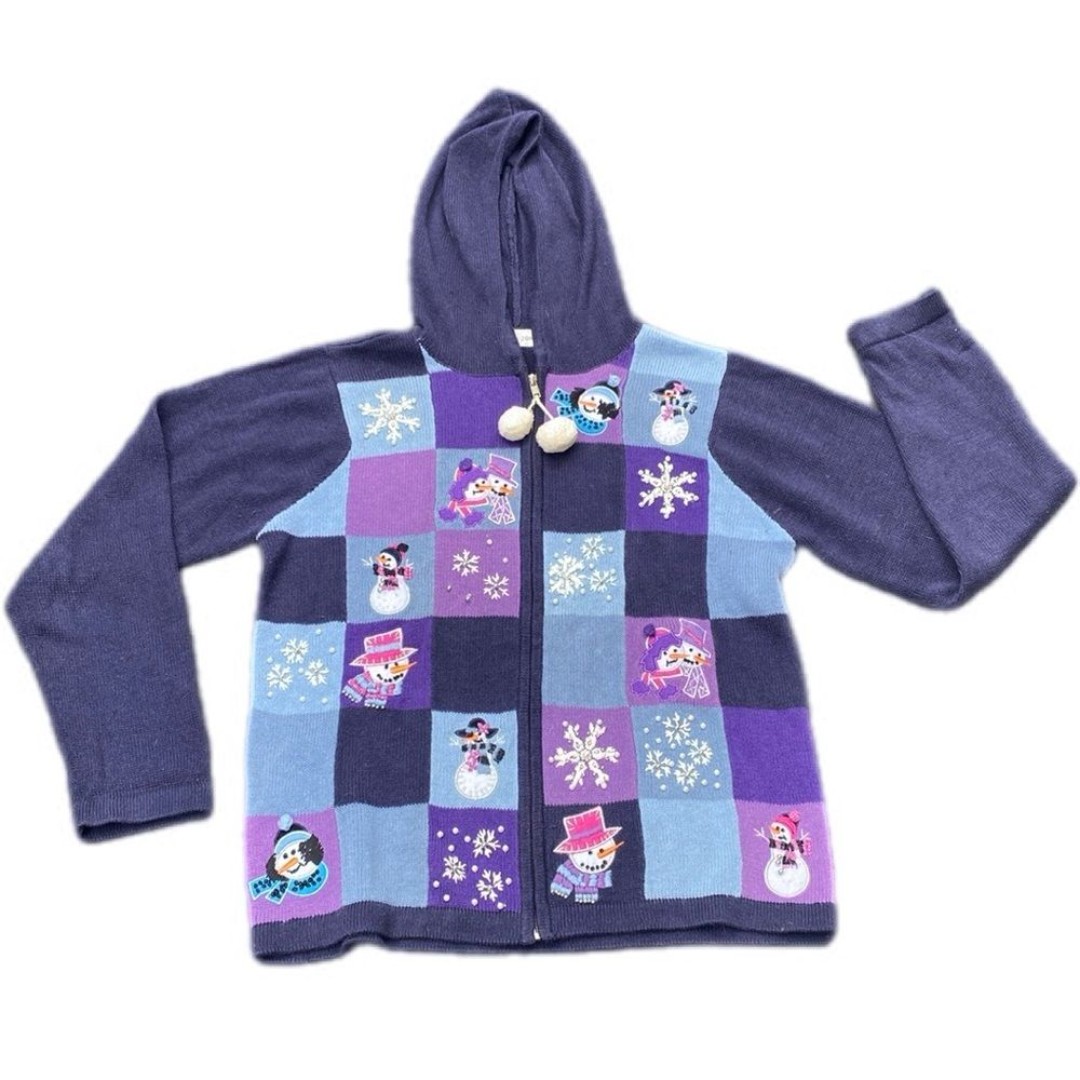 Vintage Full Zip Snowman Pearls Sweater Hood Snowball GrannyCore