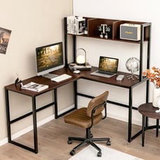 55 L-Shaped Desk Corner Desk Writing Desk Computer Desk w/Storage Hutch Teak