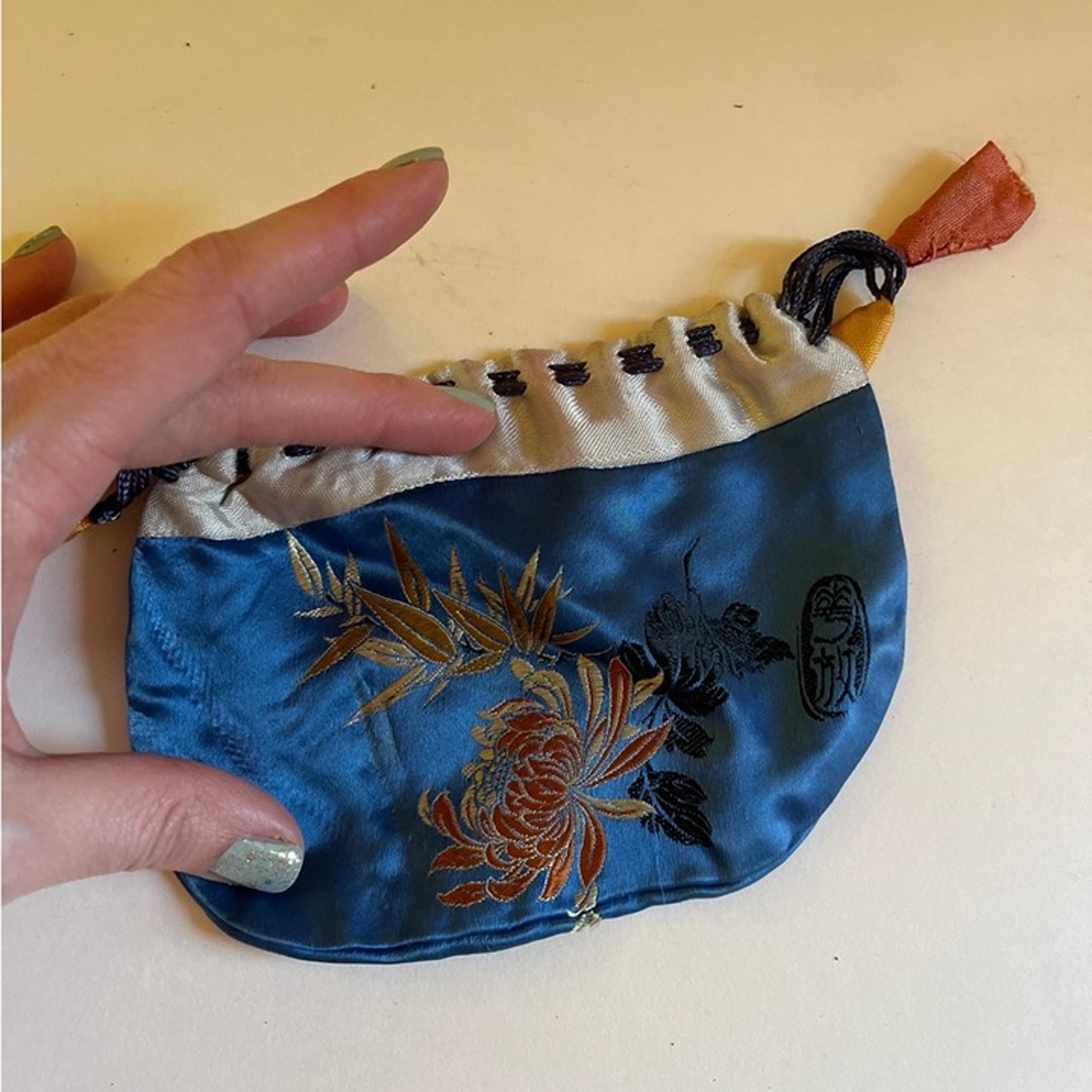 Vintage silk blue small cosmetic bag clutch 6” Pouch