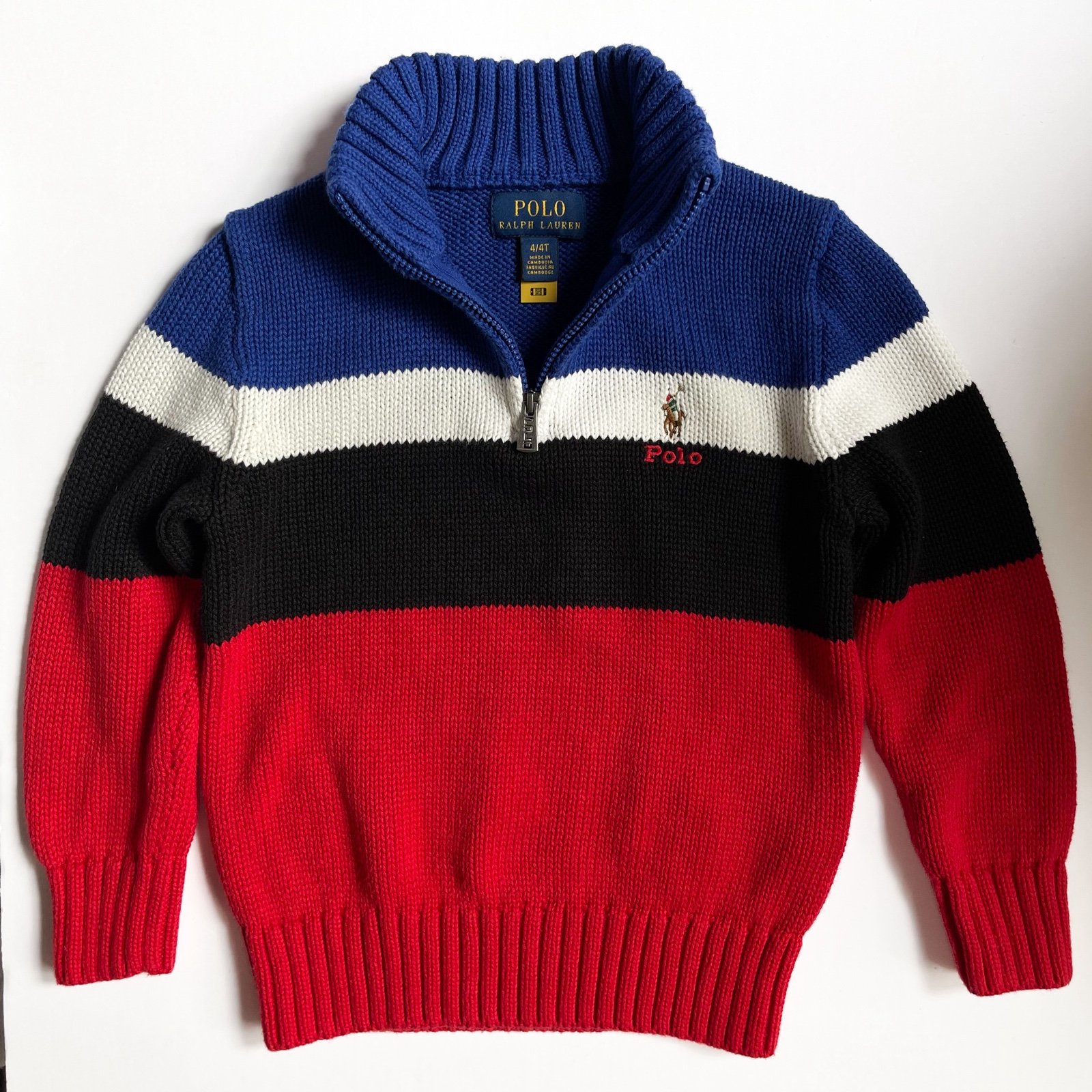 Polo Ralph Lauren Color-Blocked Cotton Quarter-Zip Sweater 4T red white & blue