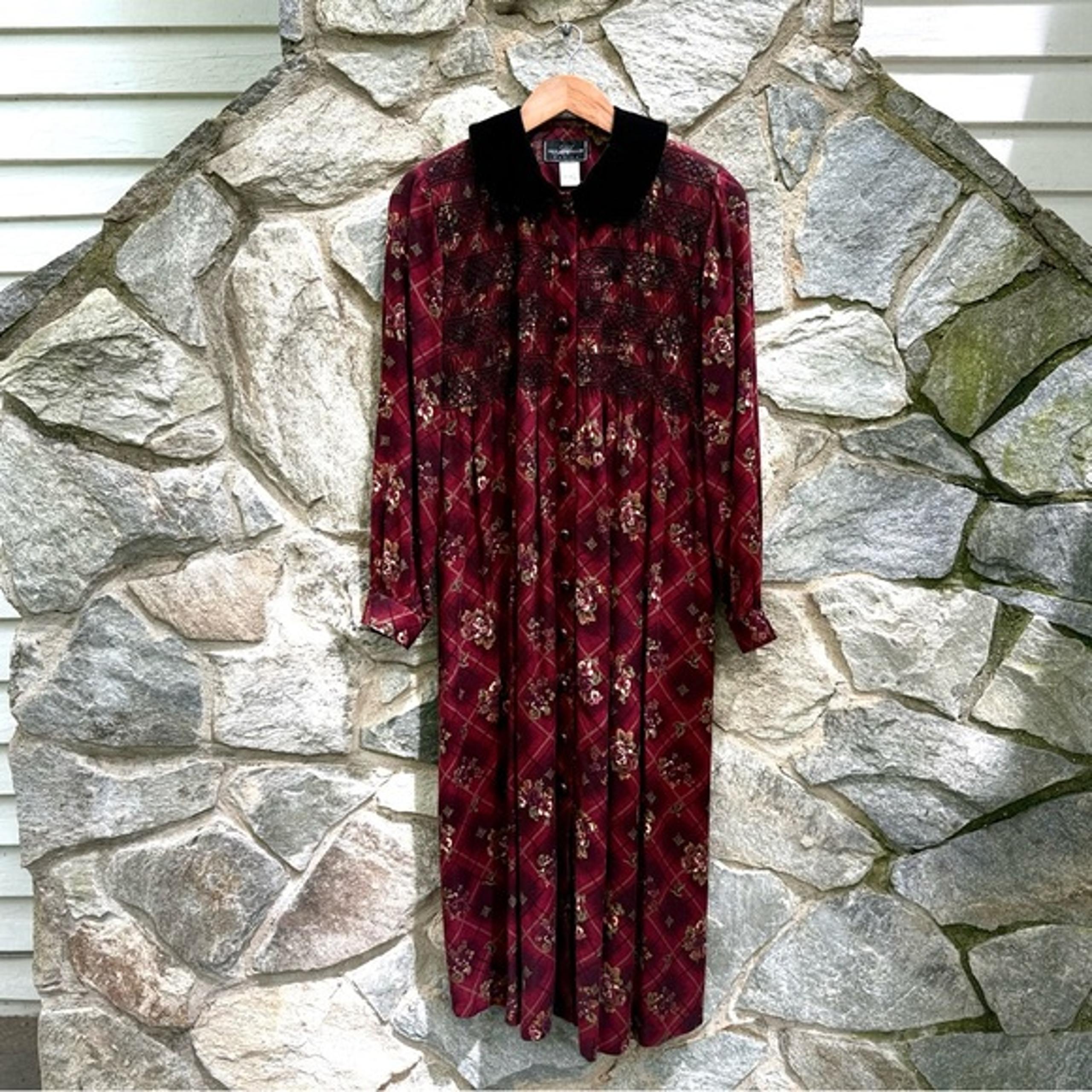 Vintage 90s Smocked Floral & Plaid Button Down Midi Dress