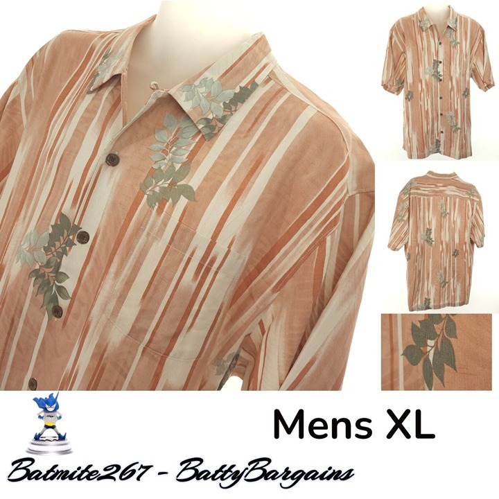 Tommy Bahama Mens XL Hawaiian 100% Silk Shirt S/S Striped Floral Coral Pink