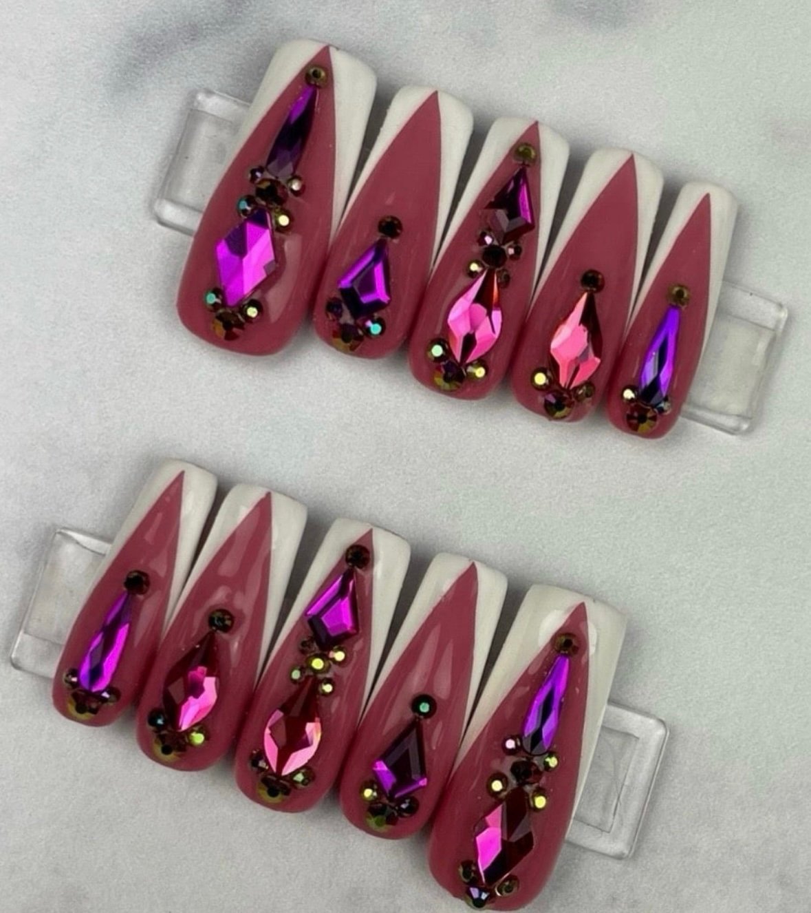 long square maroon handmade gel press on nails rhinestones white French tip