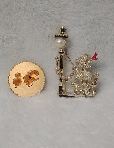 2 Vintage Poodle Pins, 70's Van Dell Gold Filled/Enamel & '60's Leash Lamp Post