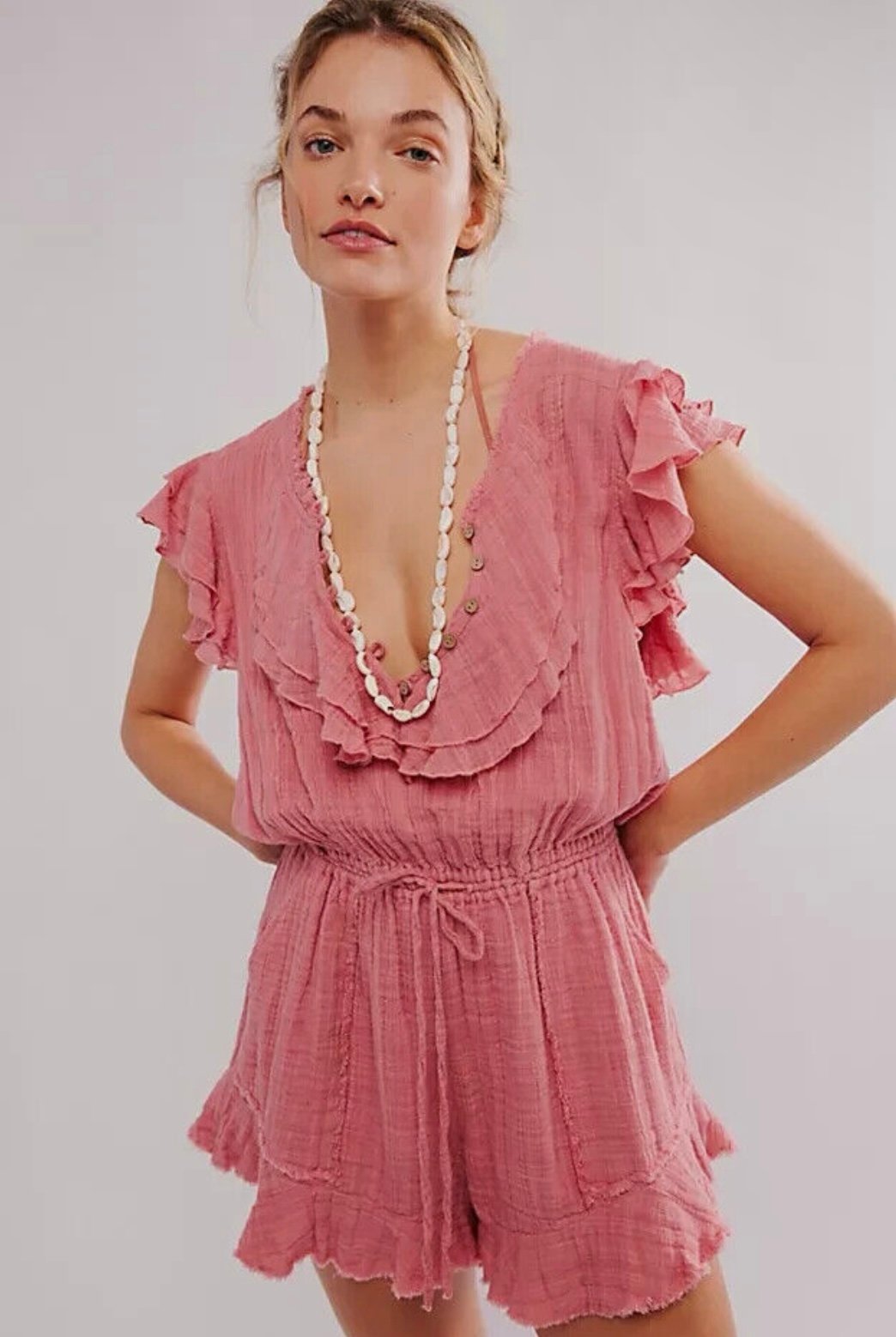 Free People FP One Naya Romper Cap Sleeve Rose Pink Ruffle Endless Summer NWT