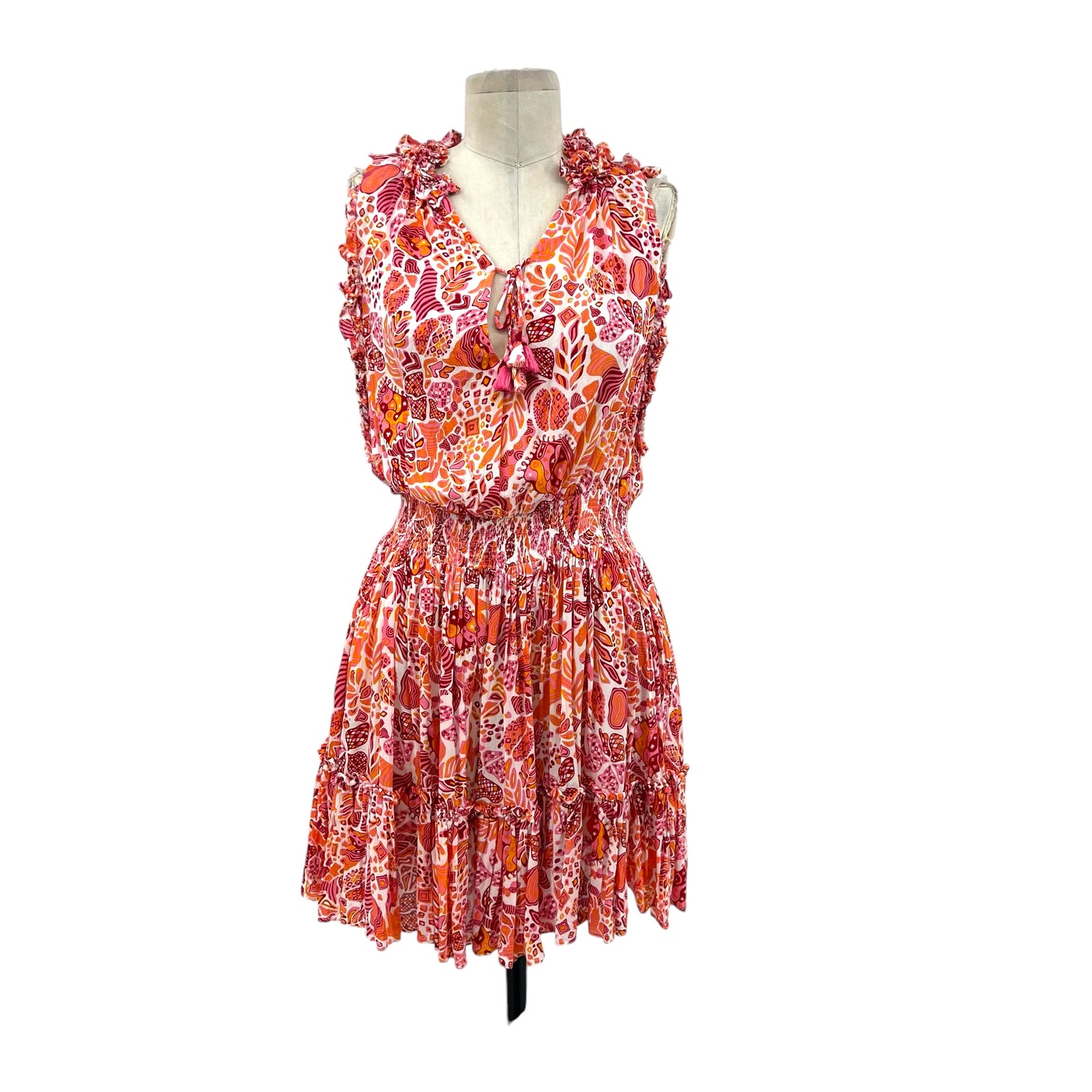 Poupette St Barth Clara Mini Dress Red Chagal Print Orange Pink Size Medium