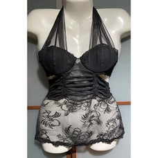 LA PERLA ITALY Black Lace Mesh Halter Babydoll Chemise Teddy Lingerie Size 32 US