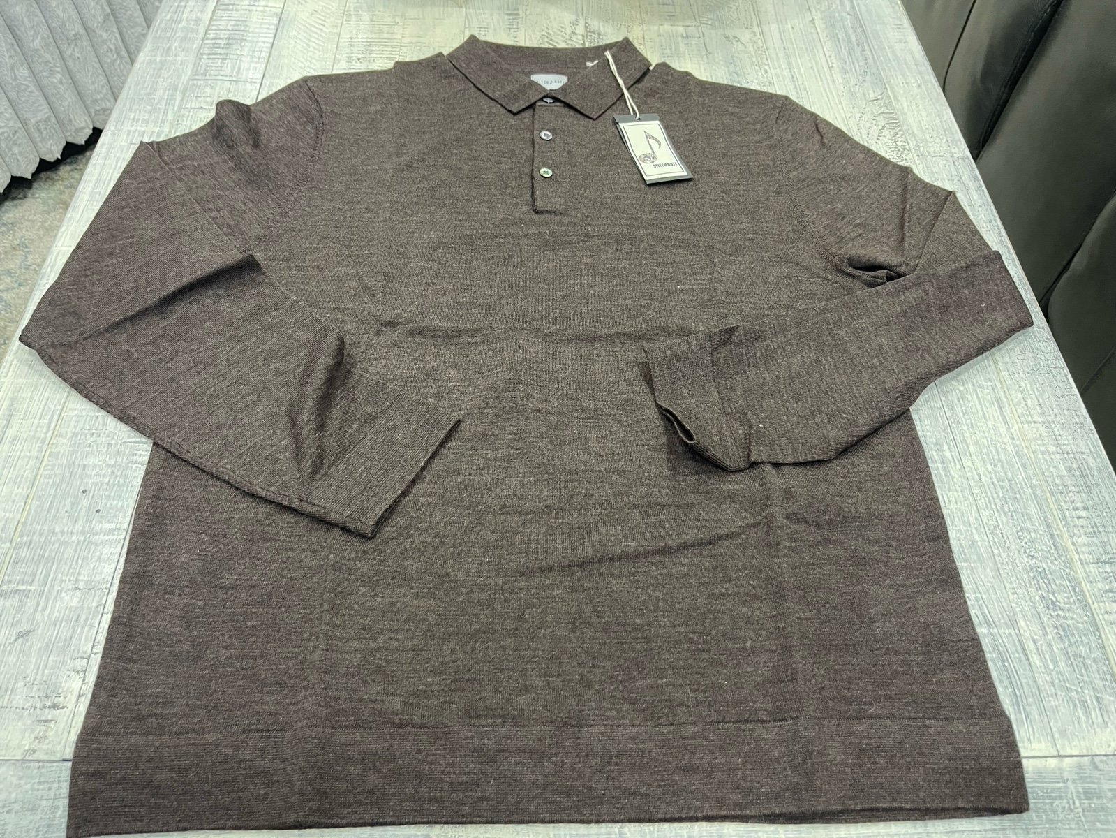 New Stitch Note Navy Blue Merino Wool Brow Polo Sweater Quiet Luxury Size XLarge